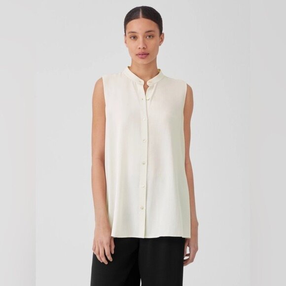 EILEEN FISHER 100% SILK Women Georgette Crepe Sleeveless Shirt Long Length LARGE